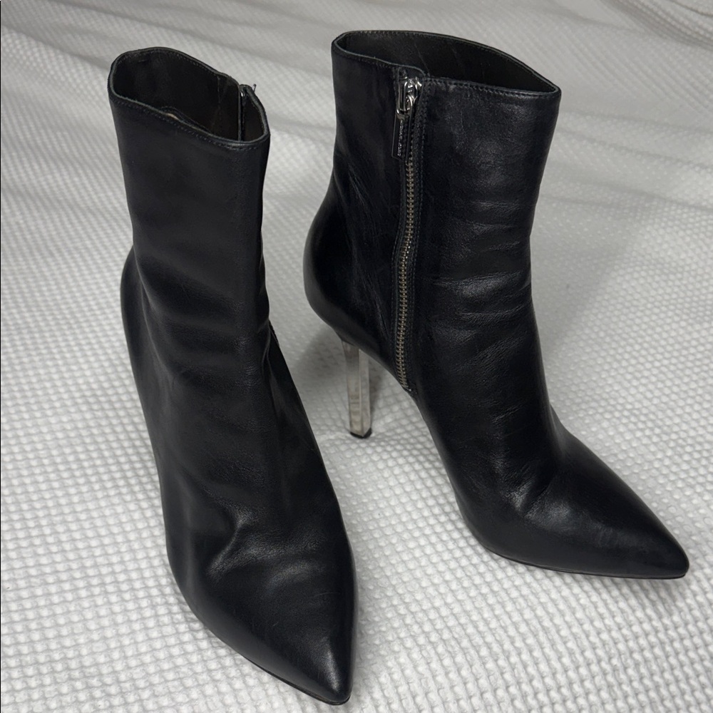 Michael Kors Black Leather Chrome Stiletto Heeled Ankle Boots w/ Side Zipper 8.5